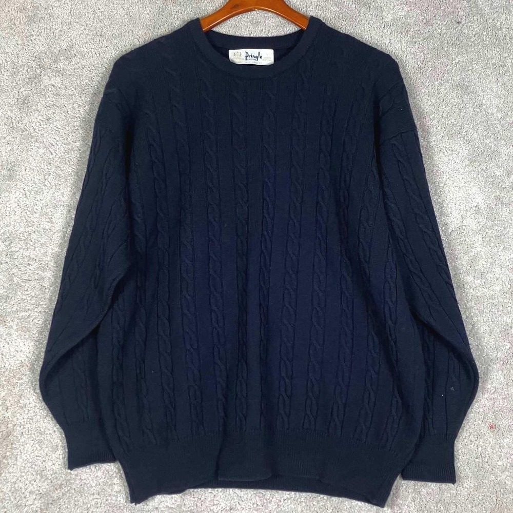 Vintage Pringle Sweater Mens L Navy Blue Cable Knit Lambswool Made in Scotland